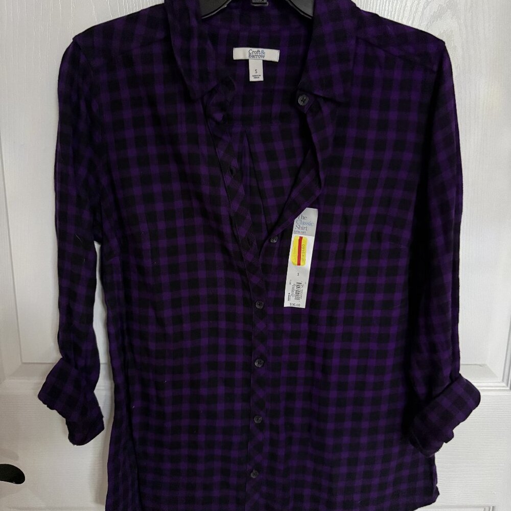Croft & Barrow Button Down Purple & Black Checkered Plaid Flannel